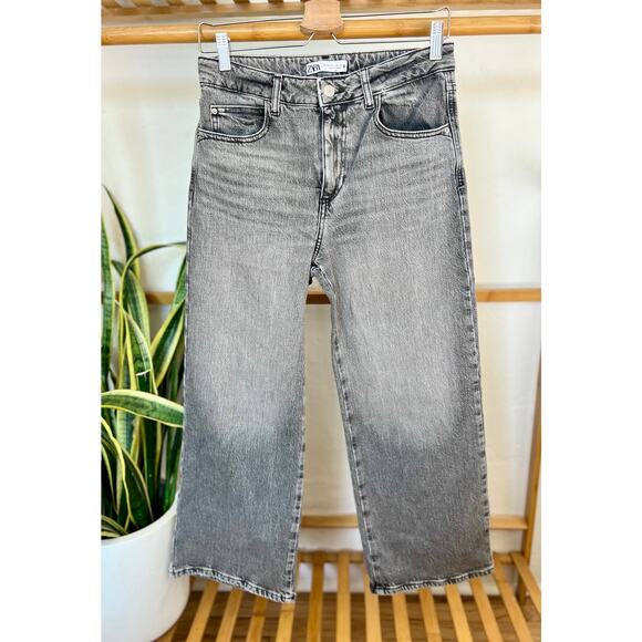 Zara Grey High Rise Wide Leg Cropped Denim - Picture 1 of 5